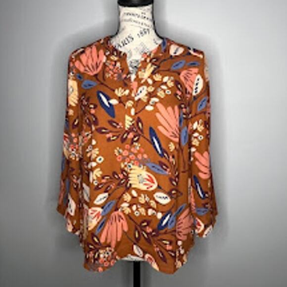 Daniel Rainn (M) Floral Notch Neck Blouse Long Sleeve Roll Tab High Low Hem Top - Picture 10 of 10
